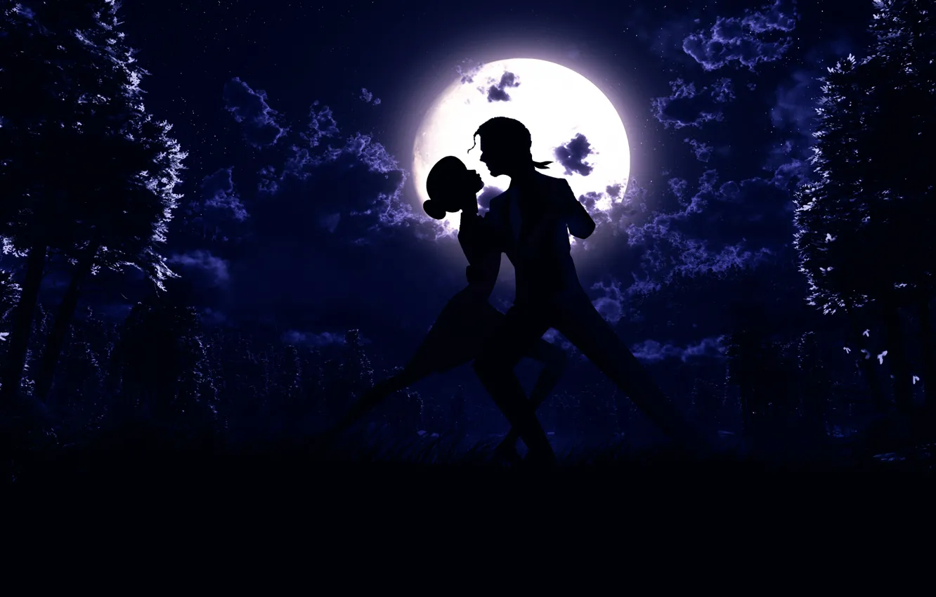 Photo wallpaper night, the moon, dance, silhouette, art, pair