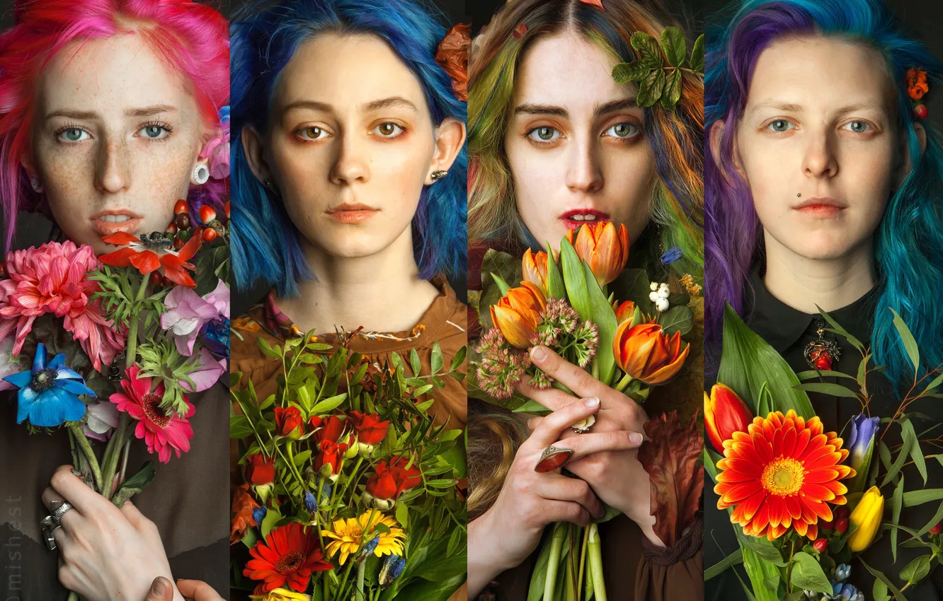 Photo wallpaper flowers, girls, collage, freckles, four, Michael Shestakov