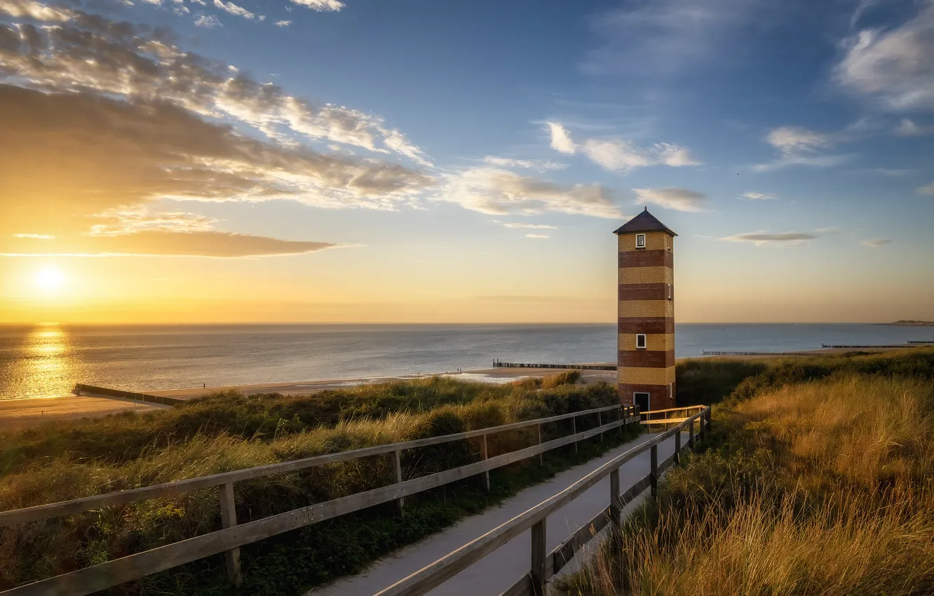 Photo wallpaper sea, sunset, shore, tower