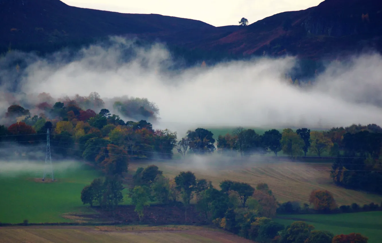 Photo wallpaper mountains, morning, fog, dawn, countryside, farm, mist, power line