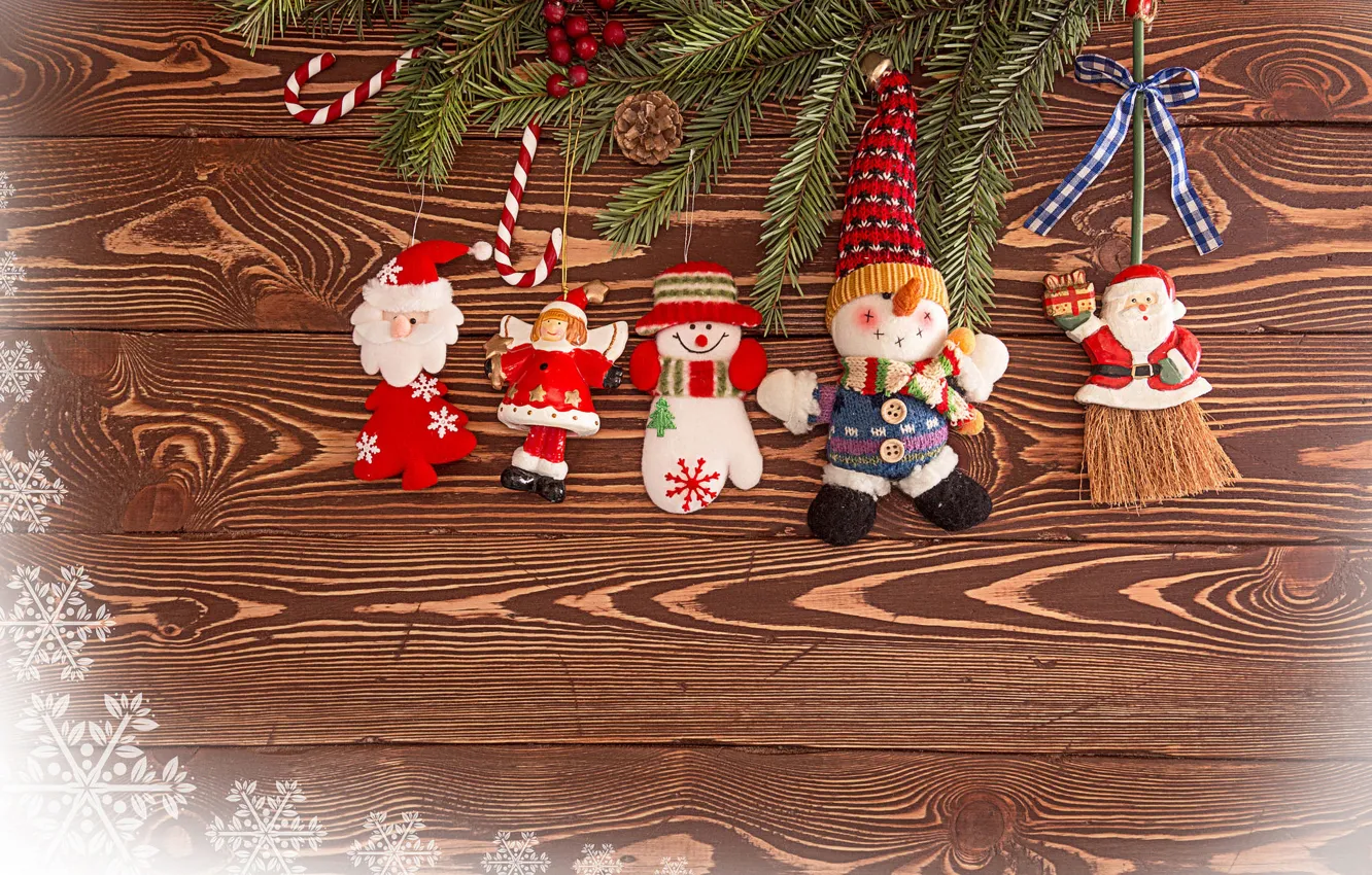 Photo wallpaper snowflakes, toy, Board, new year, Christmas, cane, snowman, broom