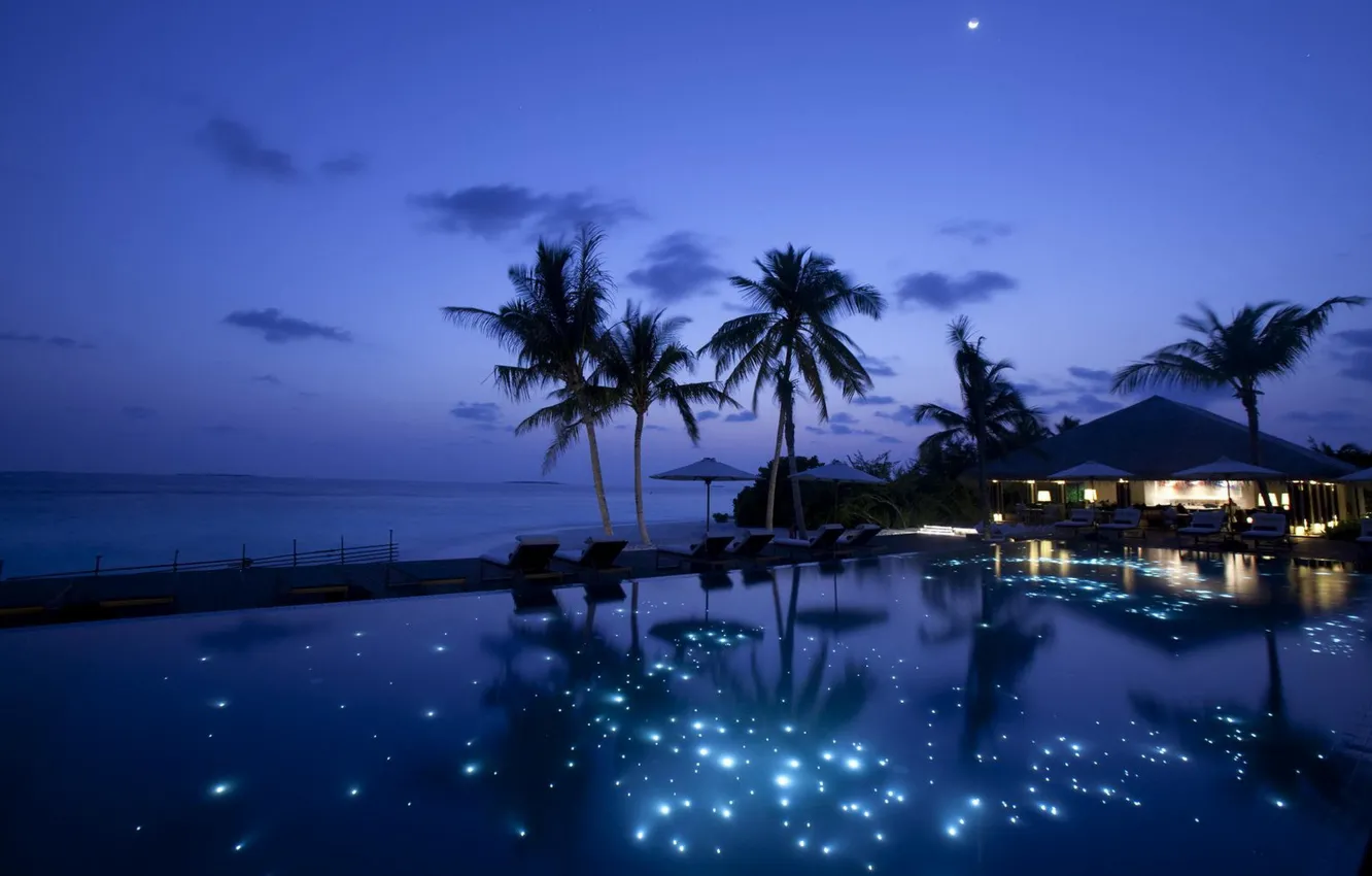 Photo wallpaper sea, night, pool, Palm trees