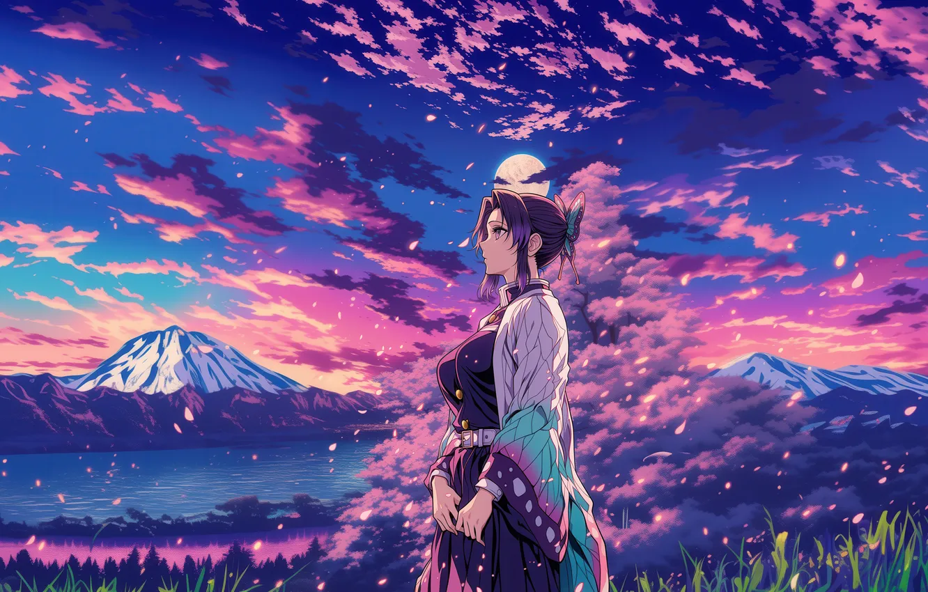 Photo wallpaper anime, Aesthetic, Demon Slayer: Kimetsu No Yaiba, Shinobu Kocho, Purple aesthetic