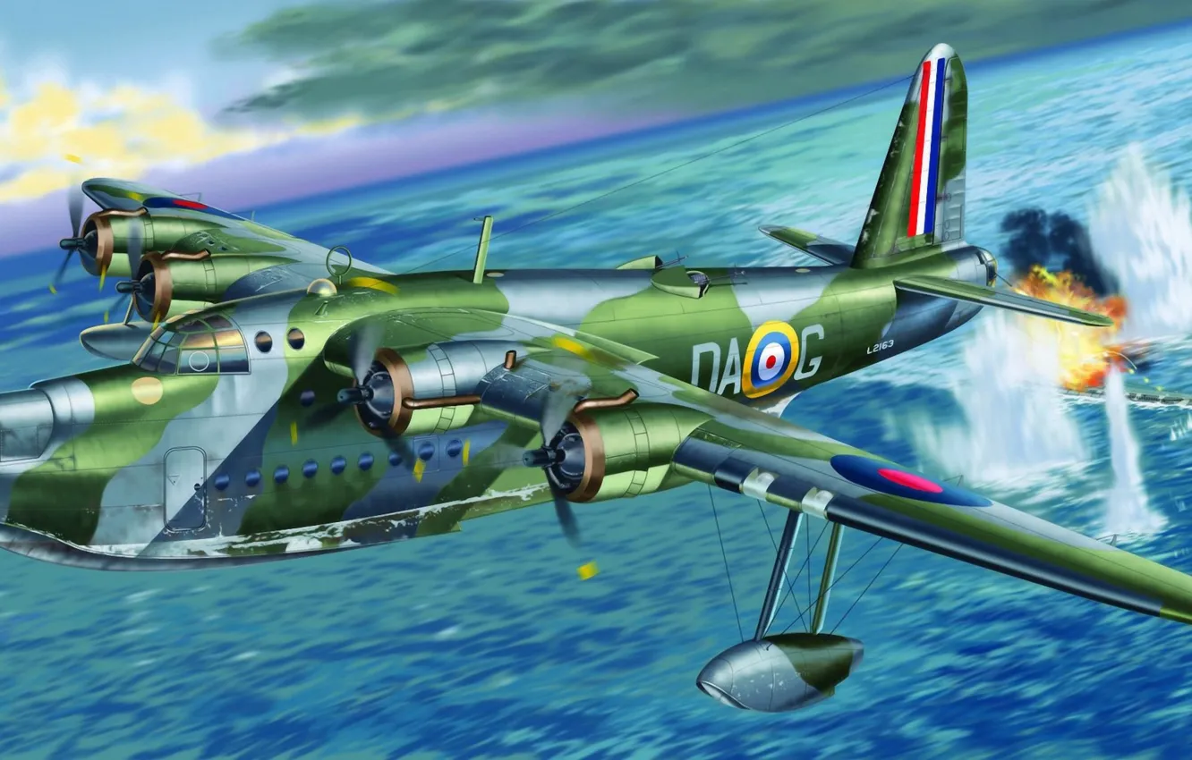 Photo wallpaper war, art, airplane, painting, ww2, Sunderland Mk.I