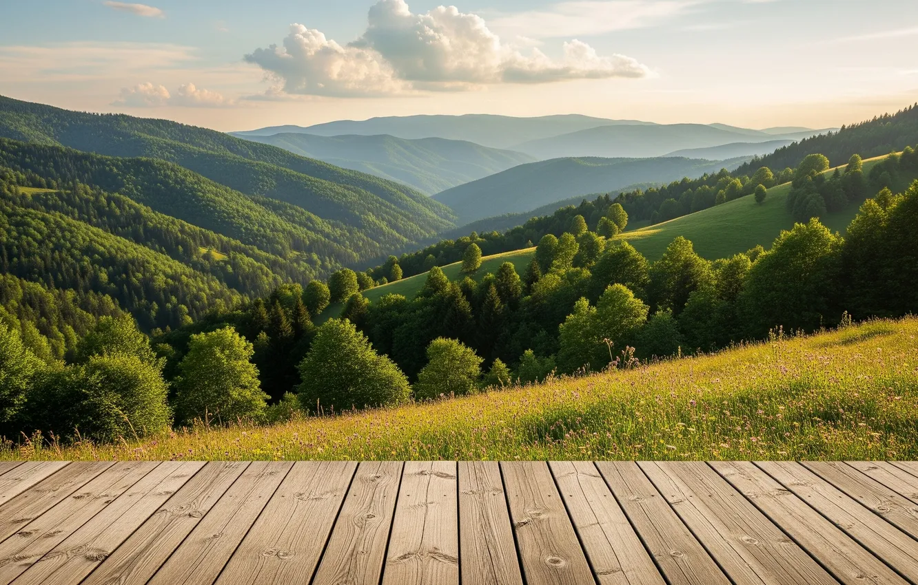 Photo wallpaper the sky, trees, hills, Wallpaper, art, wallpaper, sky, trees