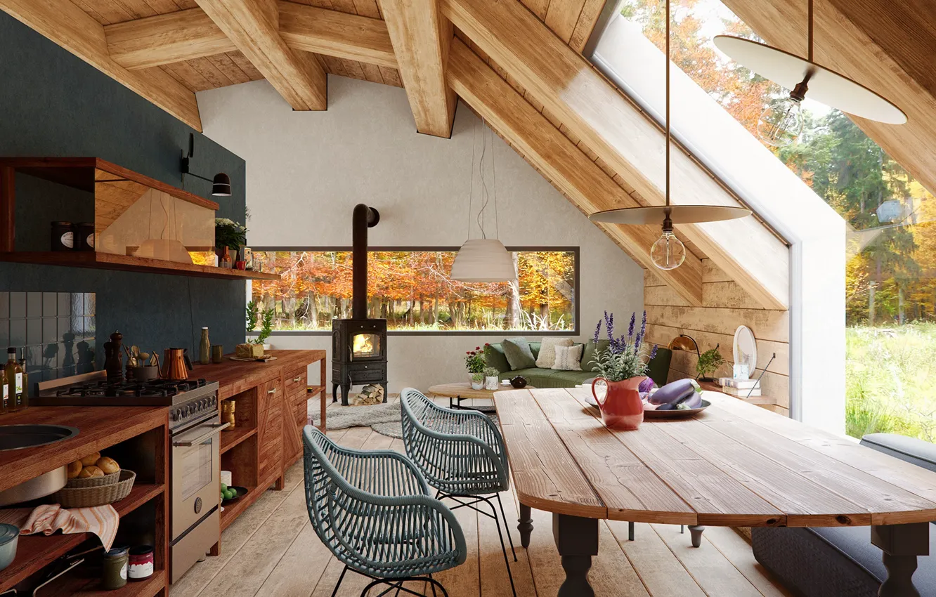Photo wallpaper style, interior, house in the woods, dining room, living room, Treehouse, Chalet, fireplace