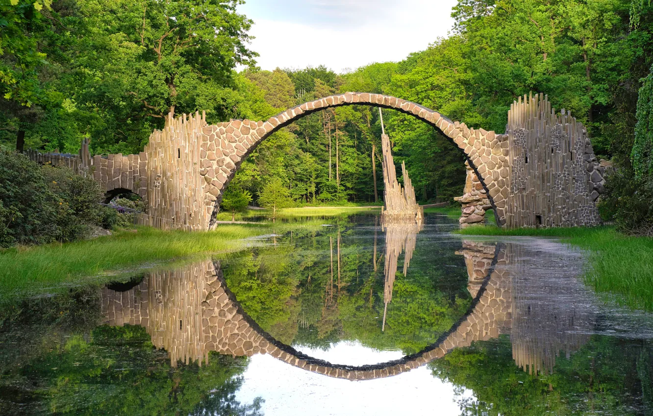 Photo wallpaper bridge, lake, reflection, shore, arch, pond