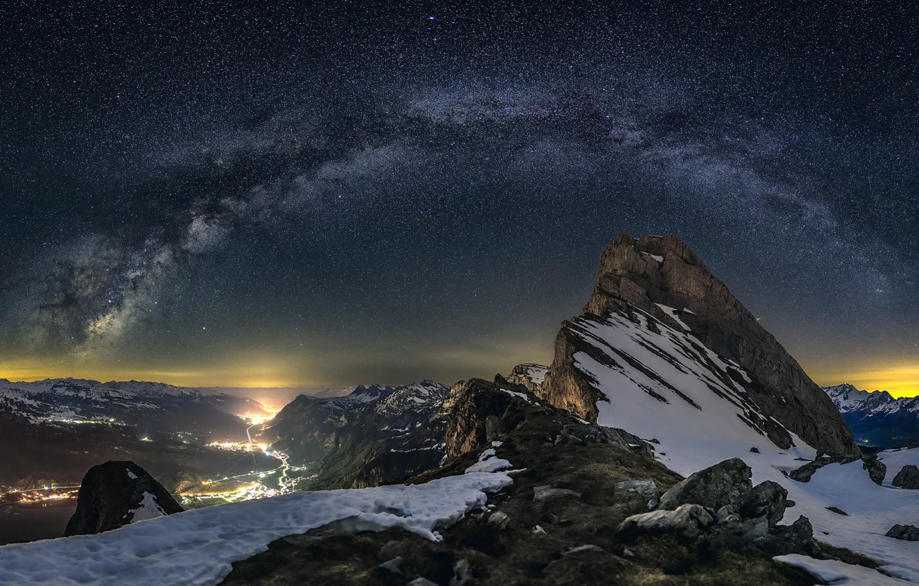 Photo wallpaper stars, mountains, night, stones, rocks, Alps