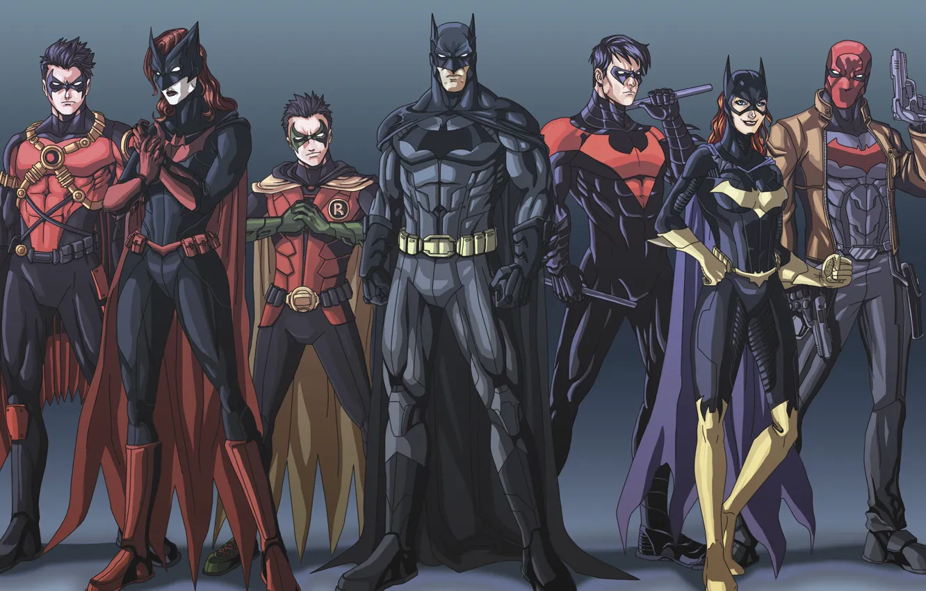 Photo wallpaper art, Batman, Batman, Robin, Nightwing, Batgirl