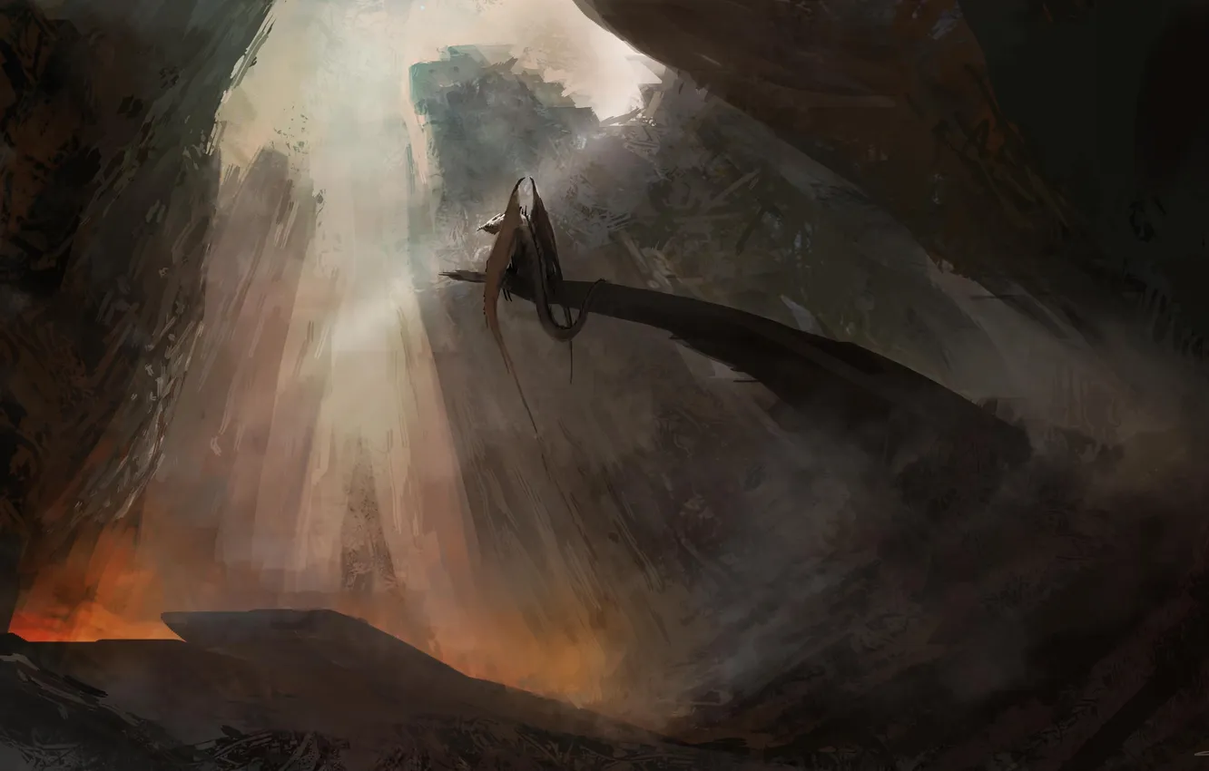 Photo wallpaper mountains, fiction, rocks, dragon, monster, art