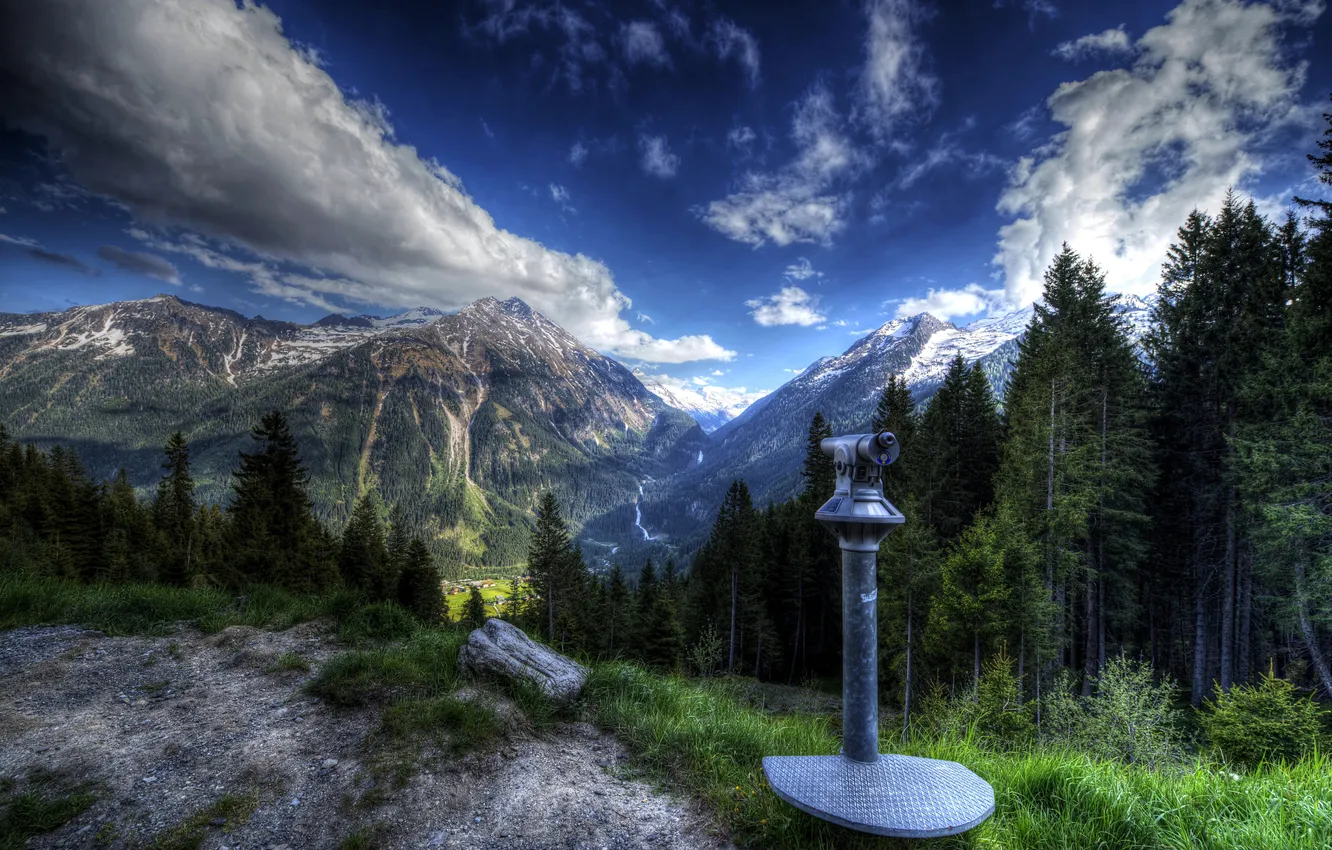Photo wallpaper forest, clouds, trees, mountains, view, waterfall, HDR, Austria