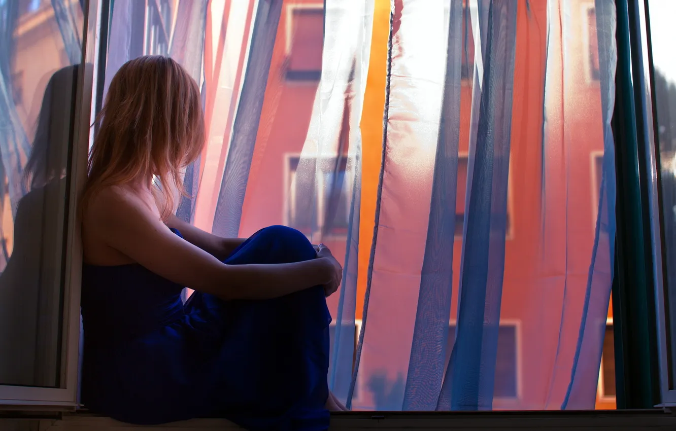 Photo wallpaper girl, window, curtains