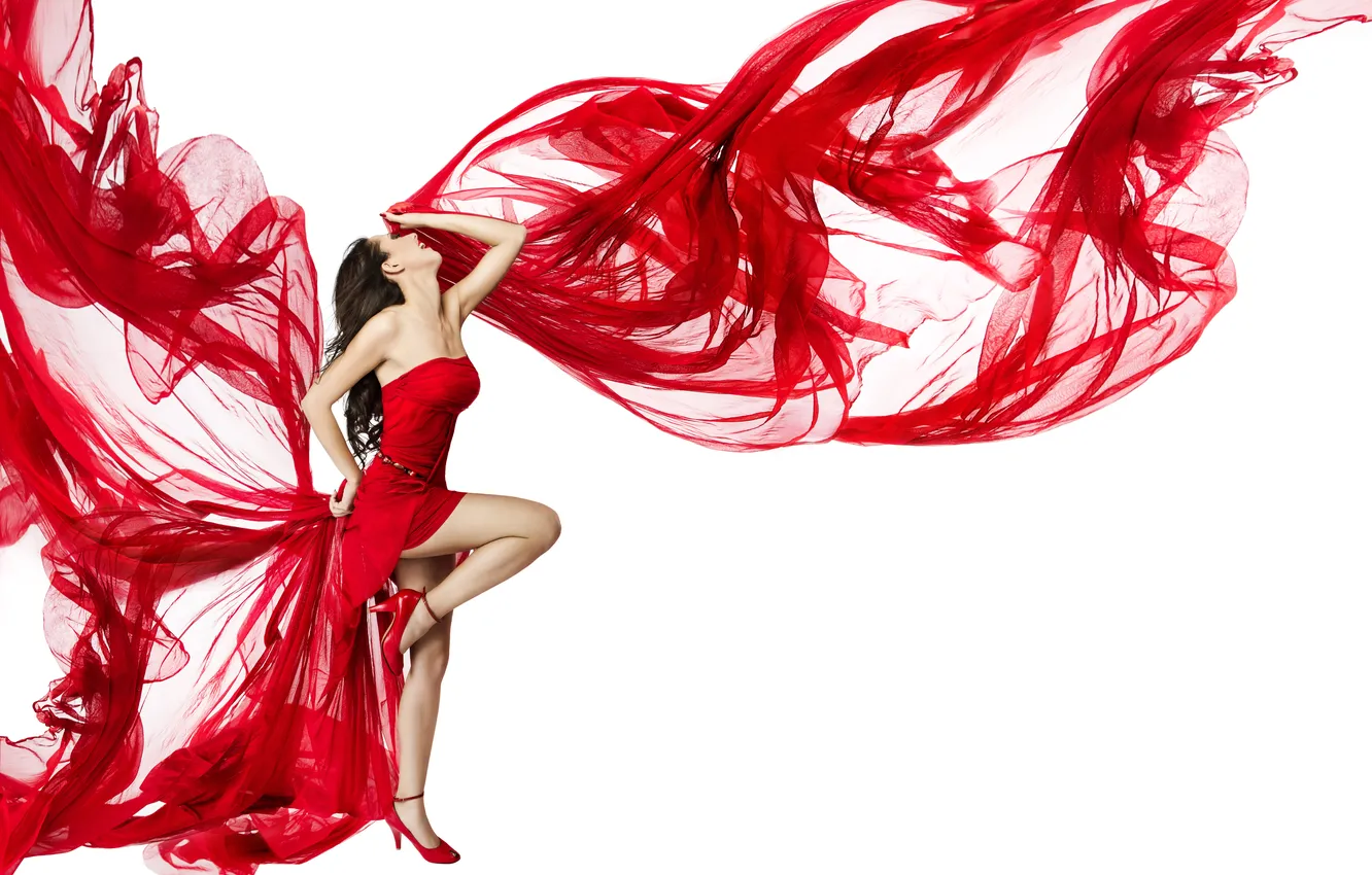 Photo wallpaper girl, pose, background, fabric, heels, red dress