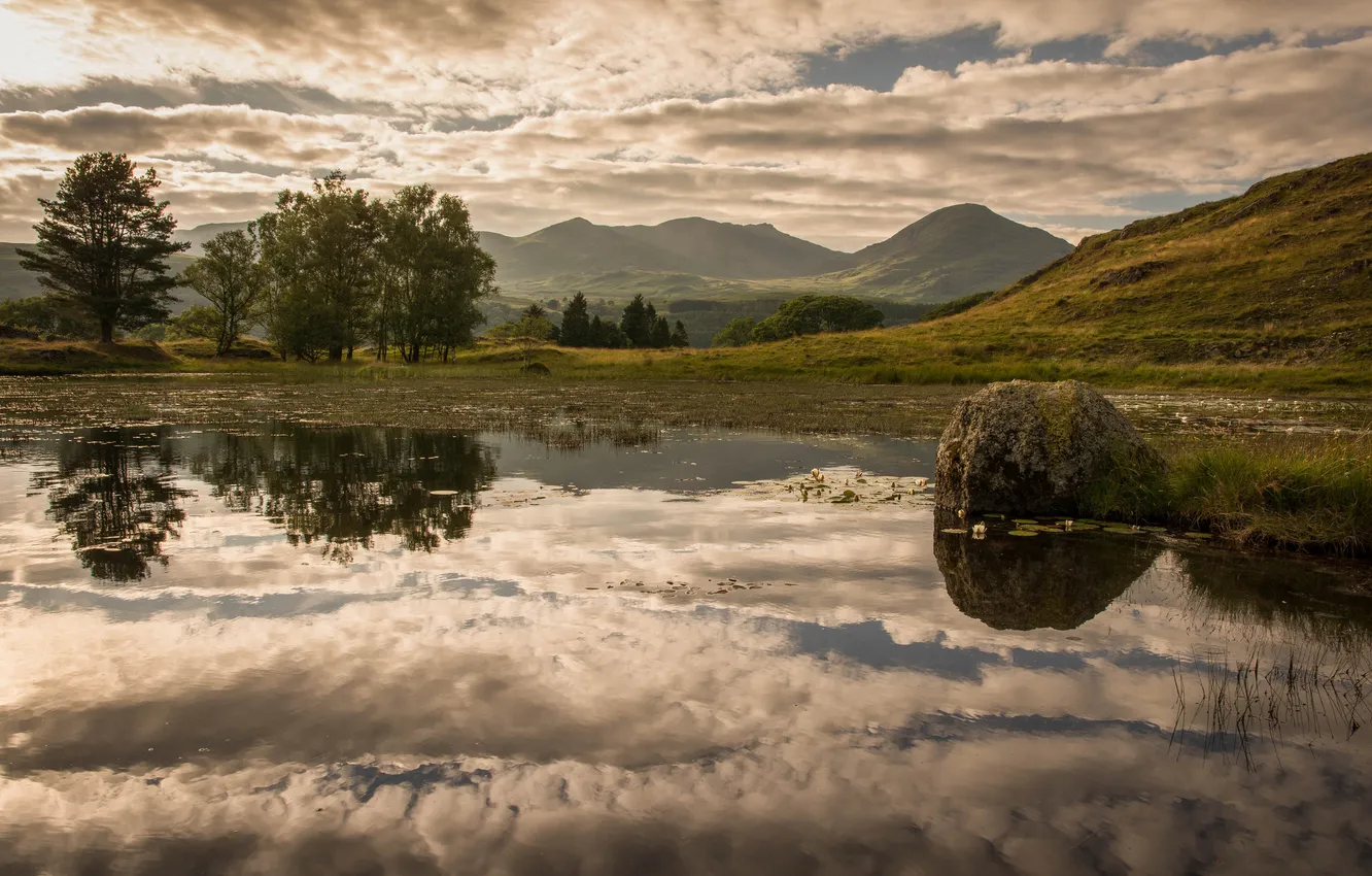 Photo wallpaper the sky, clouds, trees, mountains, lake, stones