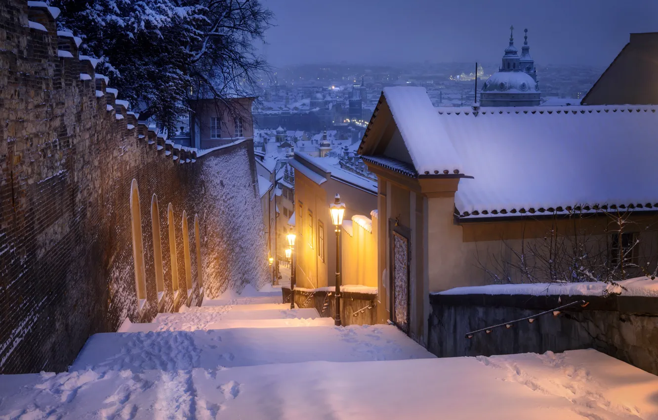 Photo wallpaper winter, snow, the city, street, home, the evening, Prague, lighting