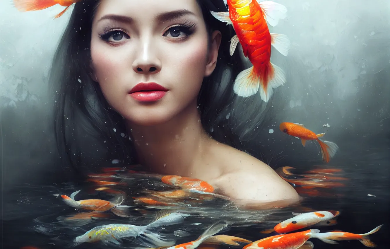 Photo wallpaper look, water, girl, fish, face, koi