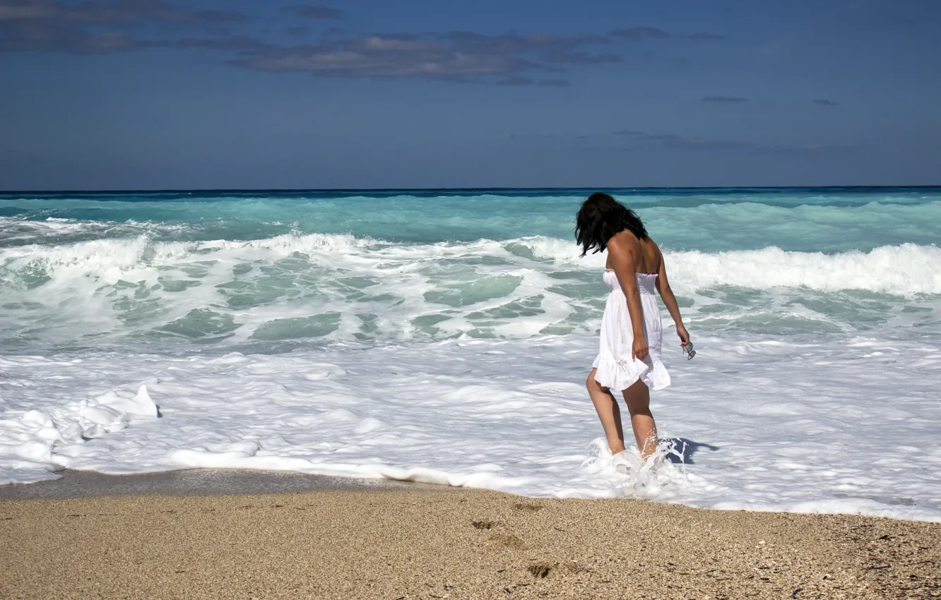 Photo wallpaper sand, sea, wave, beach, girl, squirt, blue, stay