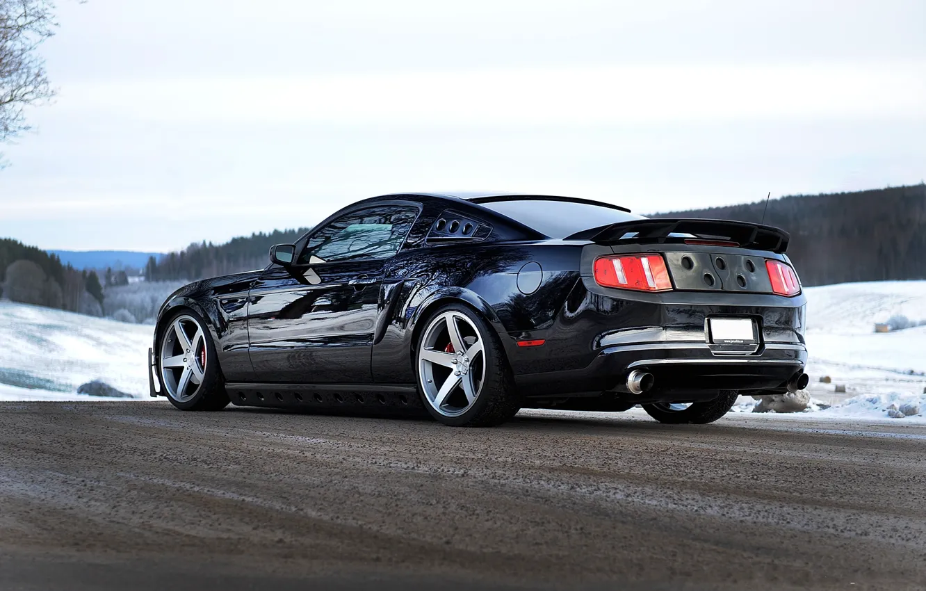 Photo wallpaper road, snow, black, mustang, Mustang, ford, black, Ford