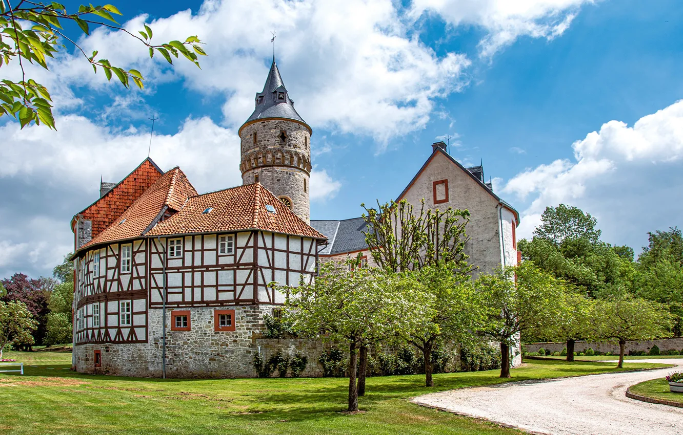 Photo wallpaper the sky, the sun, trees, nature, castle, spring, Germany, Wolfenbüttel