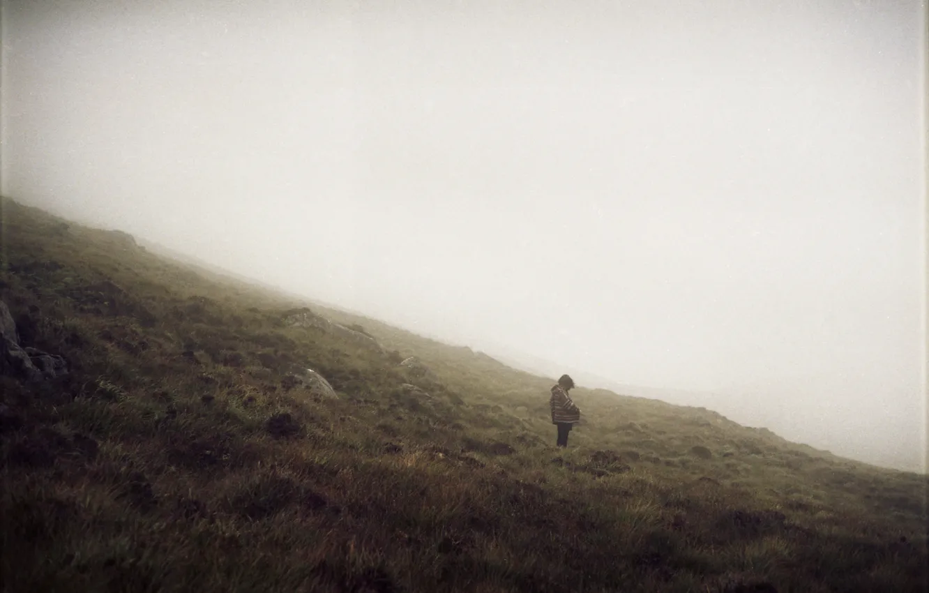 Photo wallpaper girl, hill, foggy