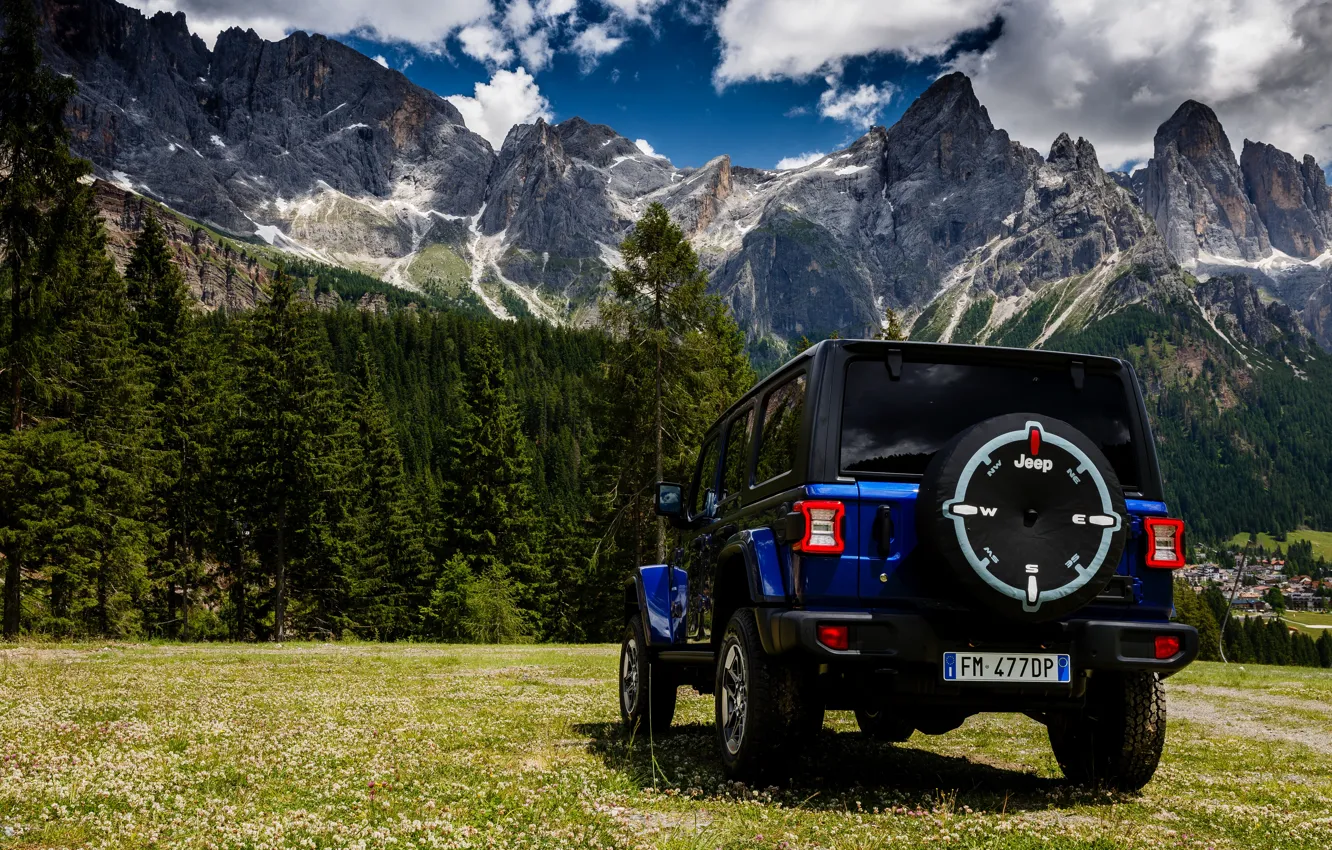 Photo wallpaper blue, SUV, rear view, 4x4, Jeep, 2019, Wrangler Unlimited 1941 Sahara