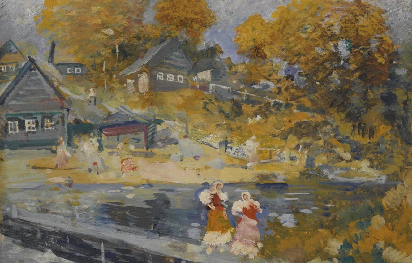 Photo wallpaper autumn, river, picture, village, Konstantin Korovin, Russian Landscape