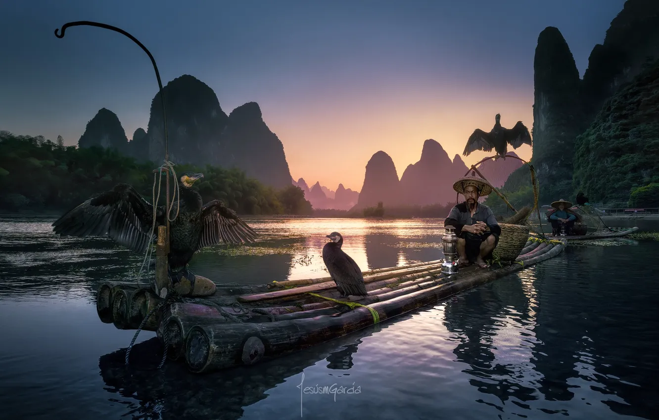 Photo wallpaper birds, river, people, boat, boats, China, fishermen, the raft