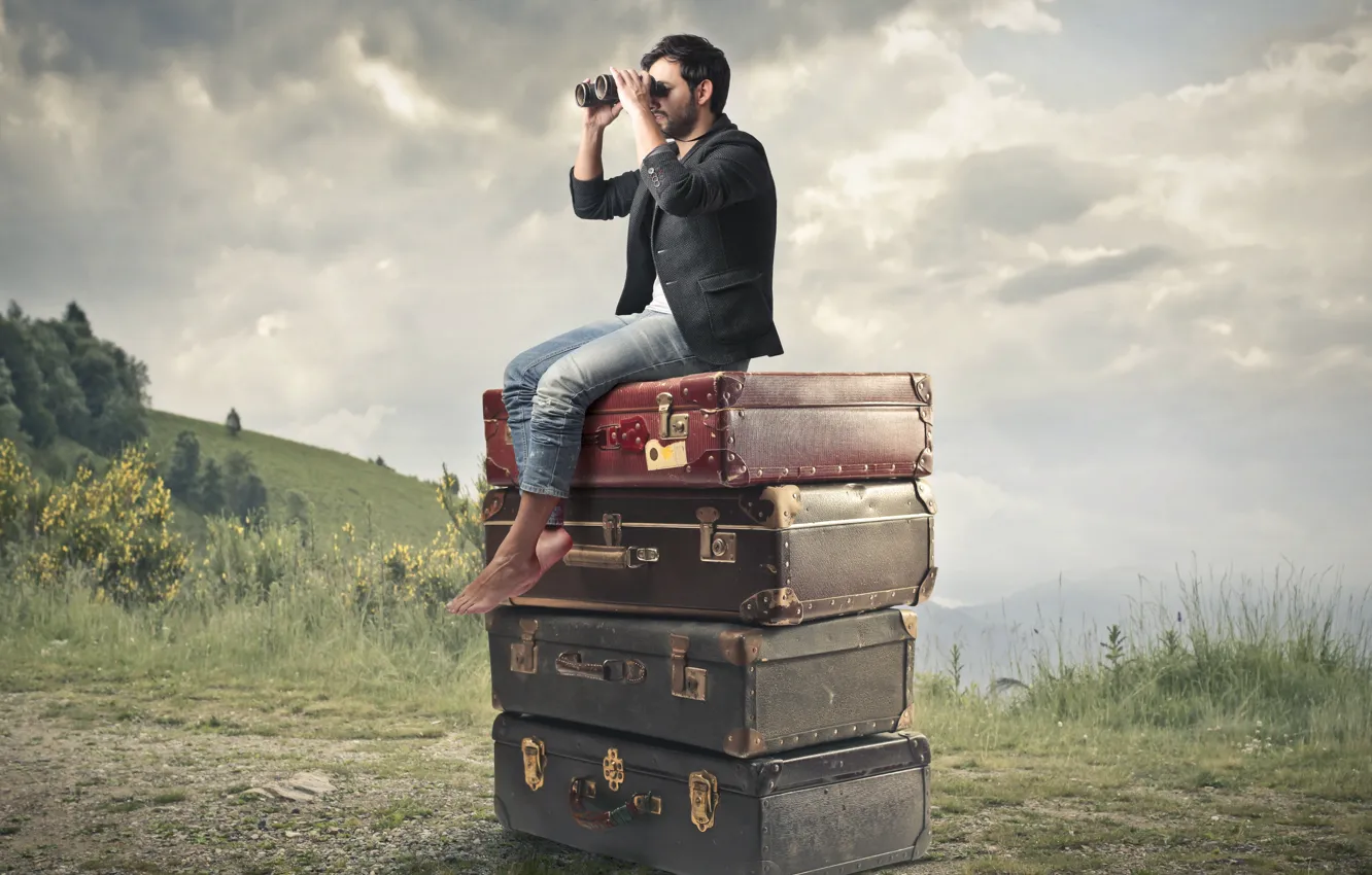 Photo wallpaper binoculars, male, suitcases
