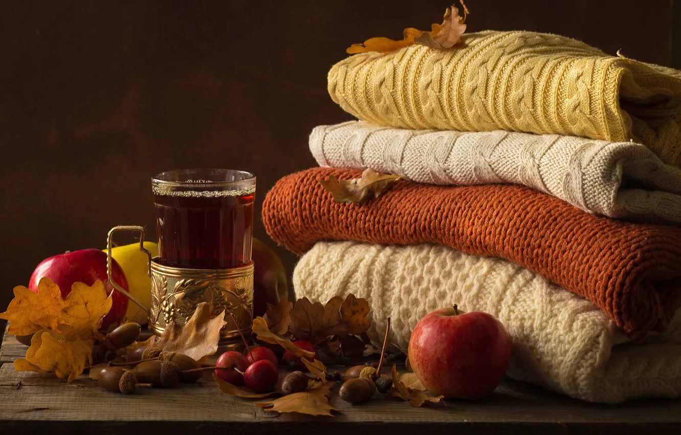 Photo wallpaper autumn, glass, comfort, tea, apples, things, Board, blanket