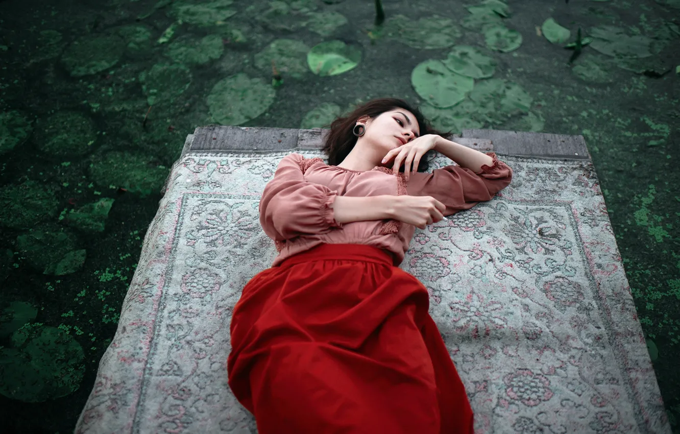 Photo wallpaper red, girl, dress, view, lake, beauty, hair, Neva