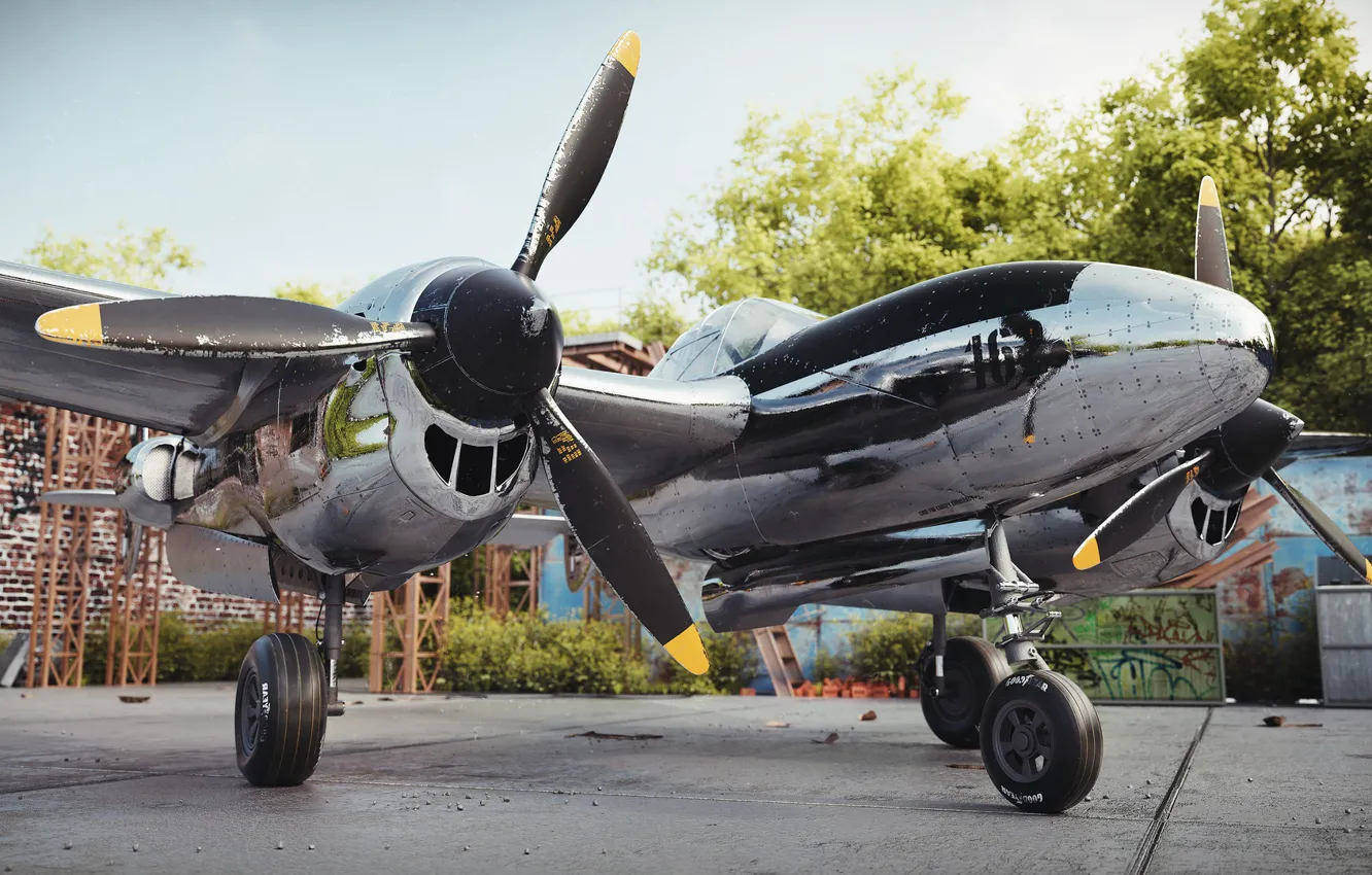 Photo wallpaper reflection, the plane, building, P-38 Lightning