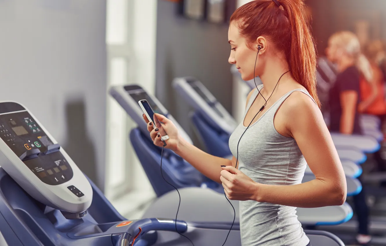 Photo wallpaper woman, redhead, fitness, exercises, mobile device