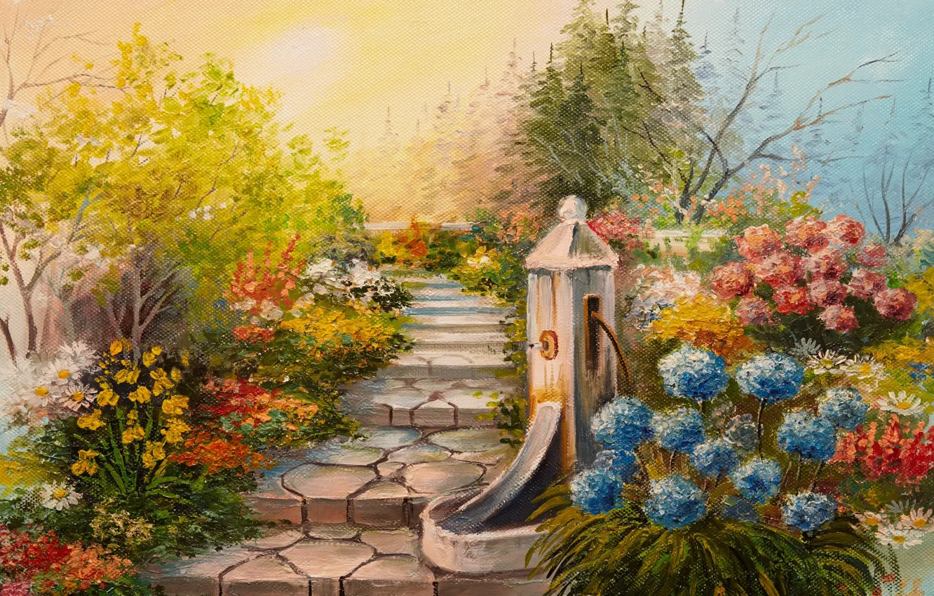 Photo wallpaper trees, flowers, garden, stage