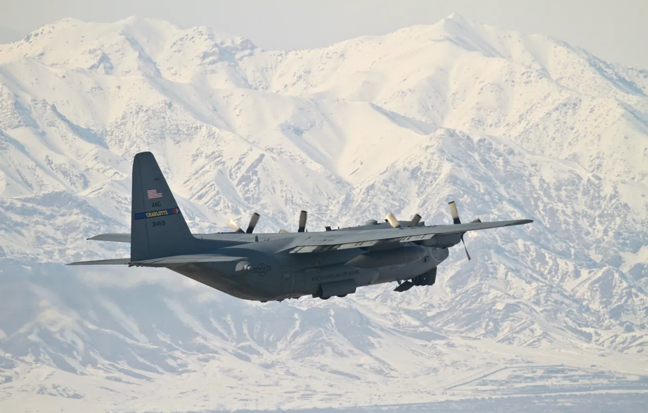 Photo wallpaper snow, mountains, tops, the plane, the rise, Afghanistan, airbase, UNITED STATES AIR FORCE