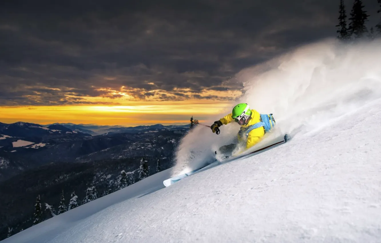Photo wallpaper snow, sunset, nature, ski, mountain, Sport, slope, athlete