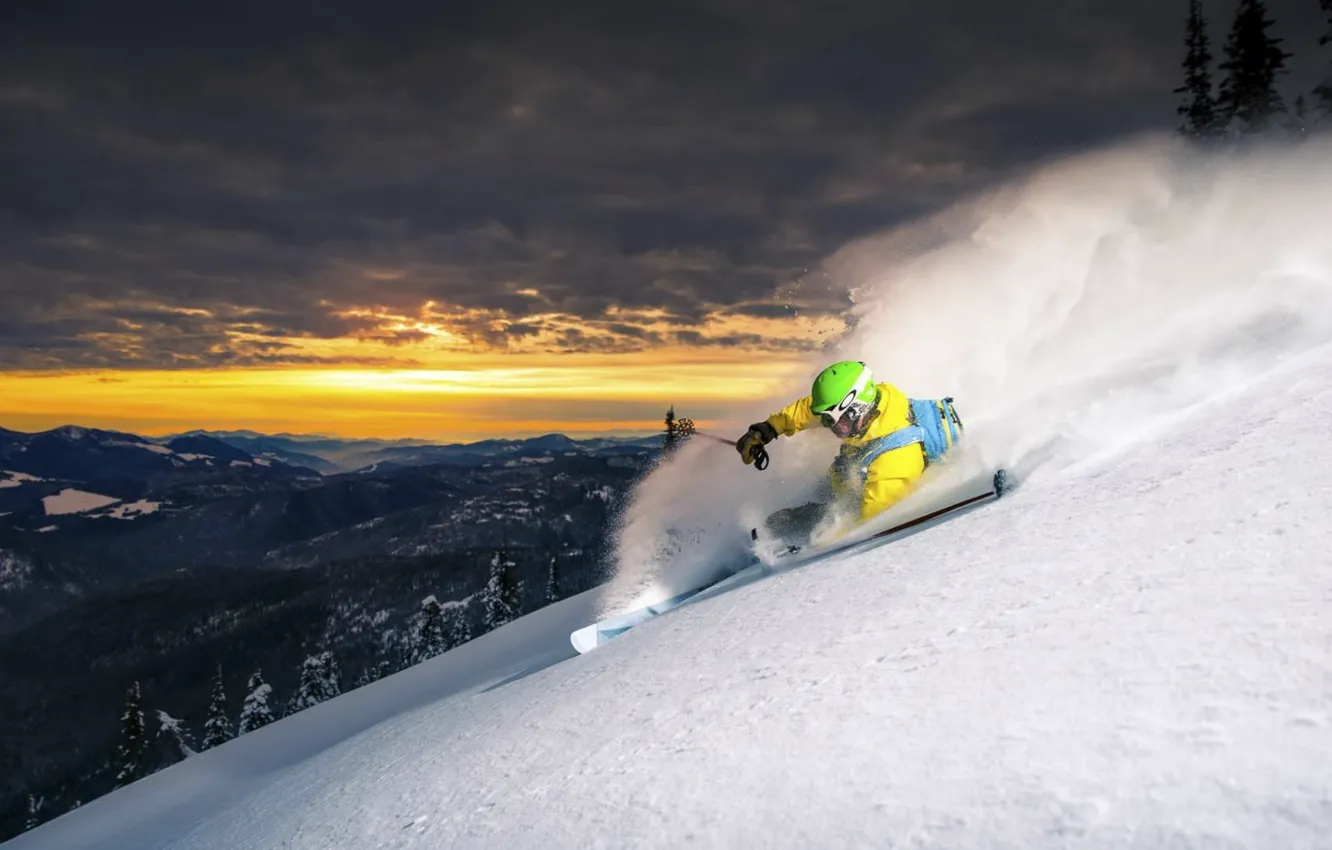 Photo wallpaper snow, sunset, mountains, nature, sport, ski, slope, athlete