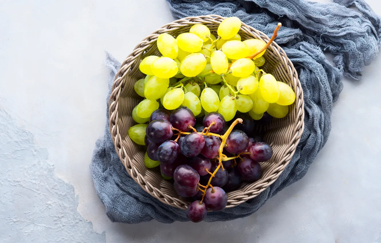 Photo wallpaper table, grapes, basket, bunches