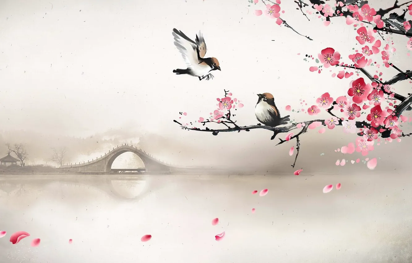 Photo wallpaper bridge, fog, river, spring, morning, Sakura, art, birds