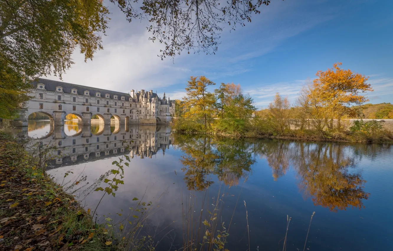 Photo wallpaper autumn, castle, architecture, pond