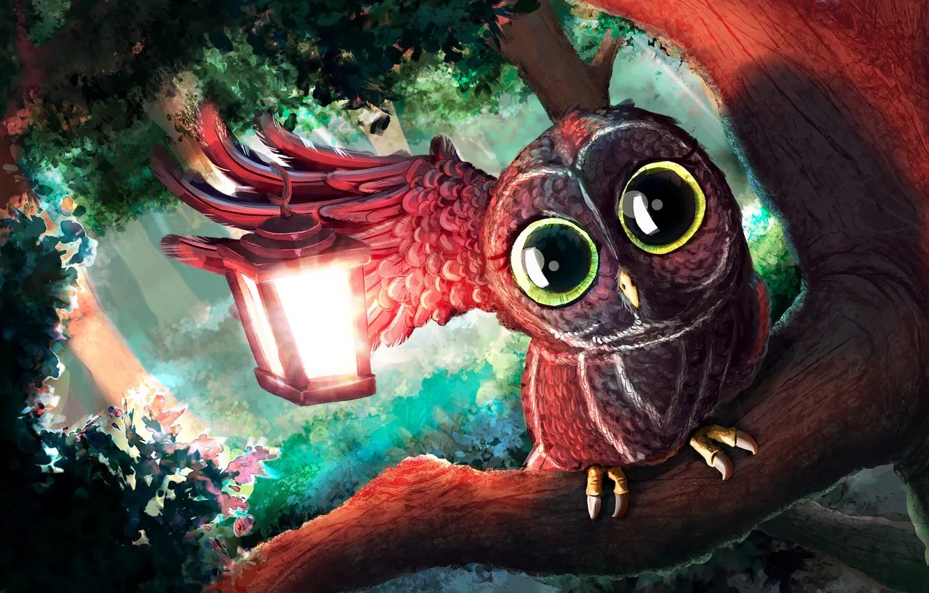 Photo wallpaper forest, look, light, trees, branches, owl, art, lantern