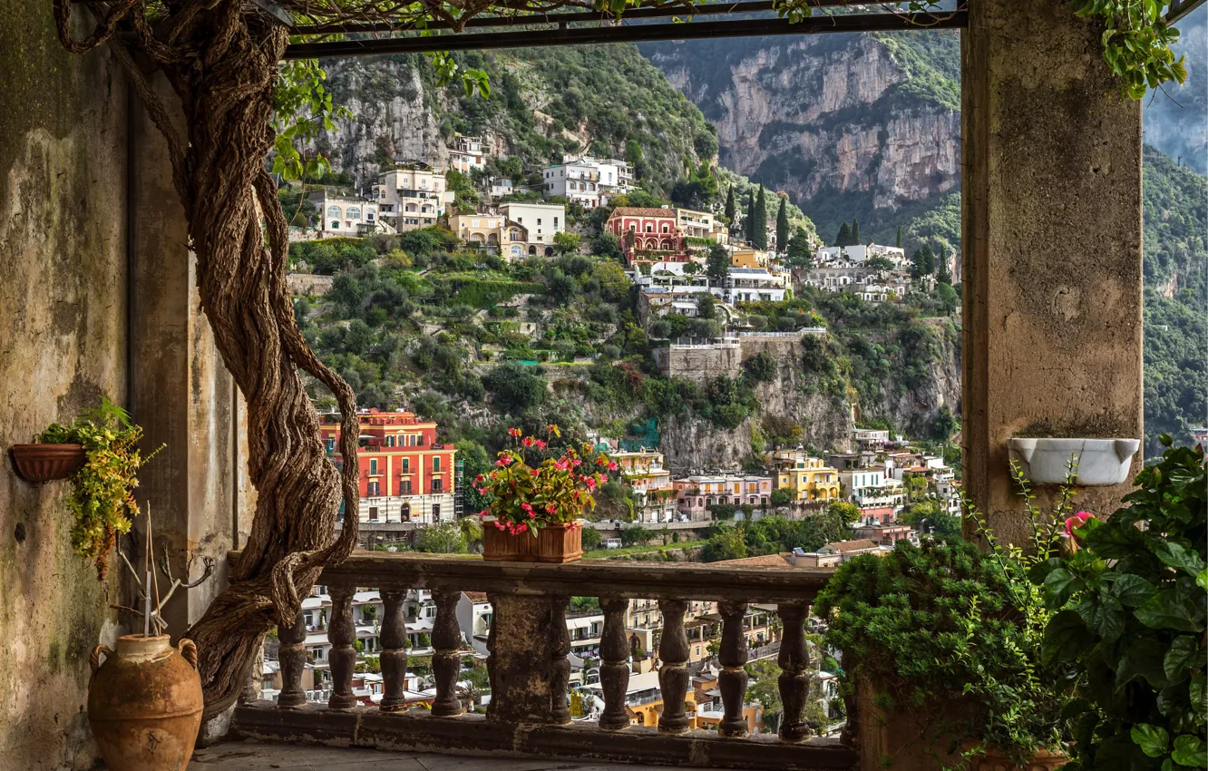 Photo wallpaper flowers, mountains, home, Italy, balcony, Amalfi