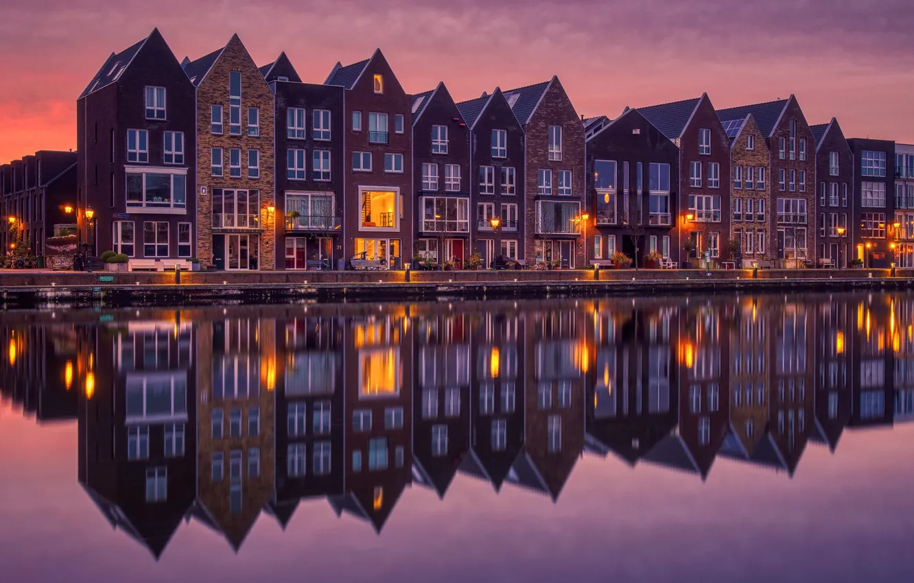 Photo wallpaper reflection, river, home, morning, Amsterdam, Netherlands