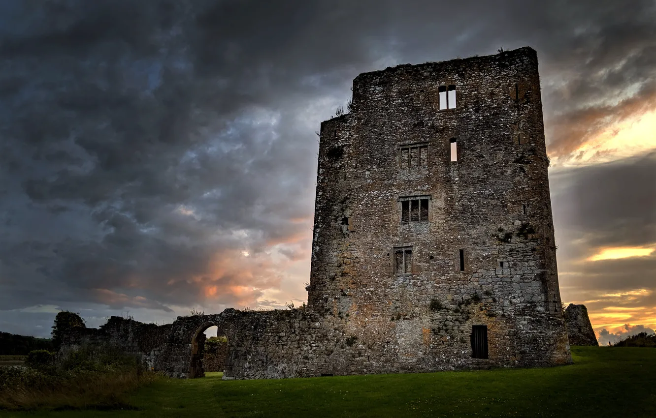 Photo wallpaper the sky, clouds, sunset, clouds, the evening, ruins, Ireland, architecture