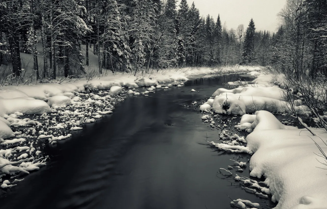 Photo wallpaper winter, snow, river