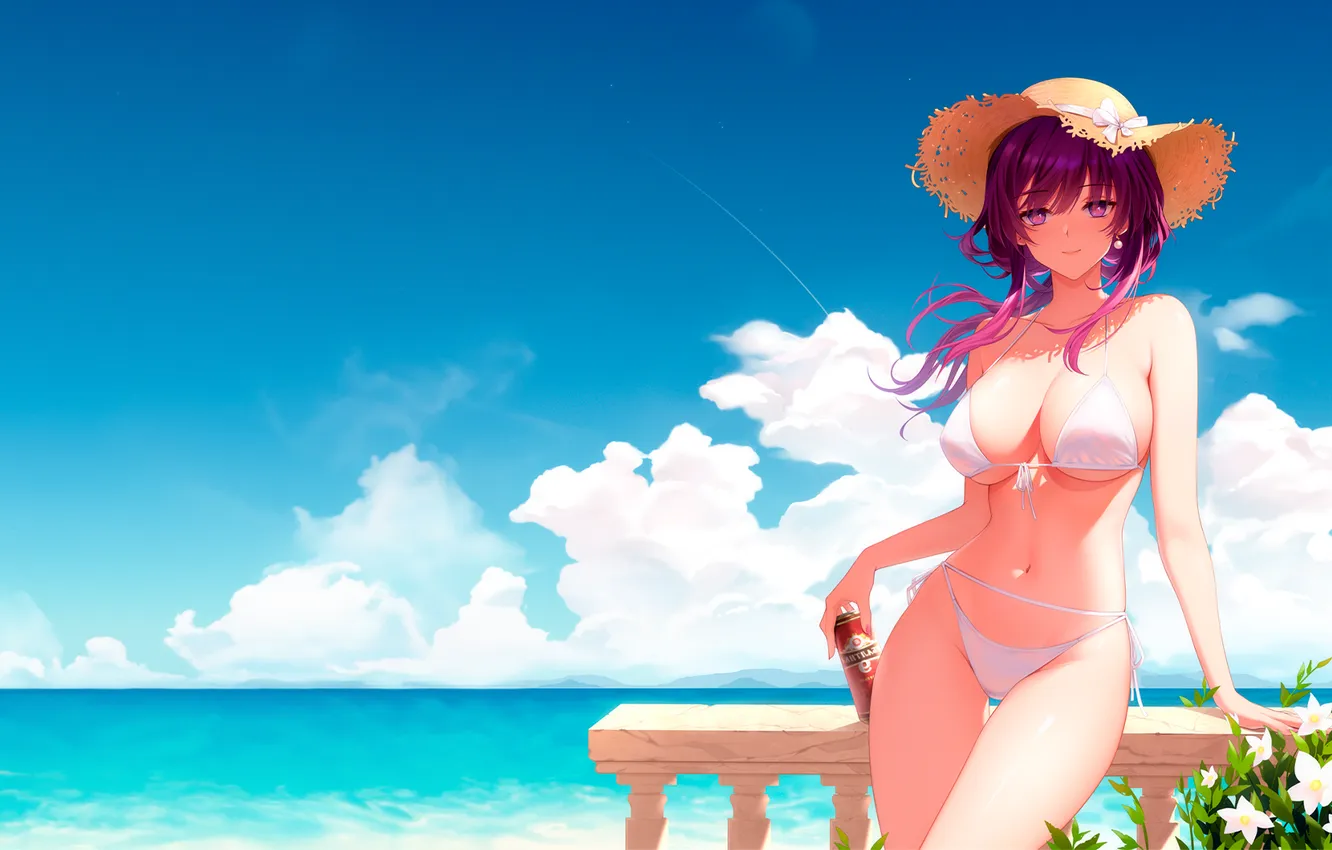 Photo wallpaper bikini, smiling, standing, anime girls, purple hair, Big boobs, looking at viewer, Kafka (Honkai Star …