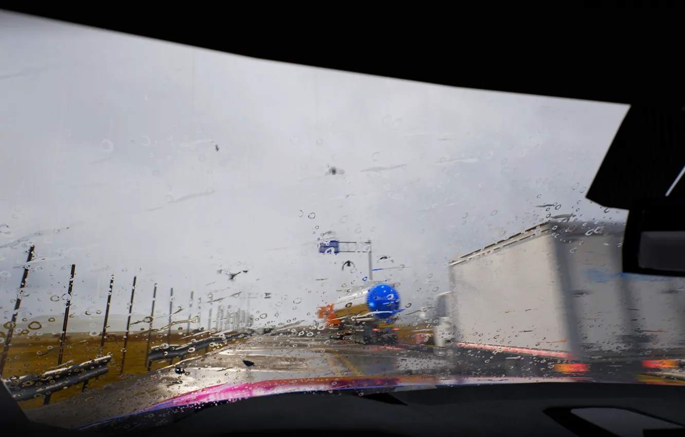 Photo wallpaper machine, drops, rain, track, windshield, by rengreng