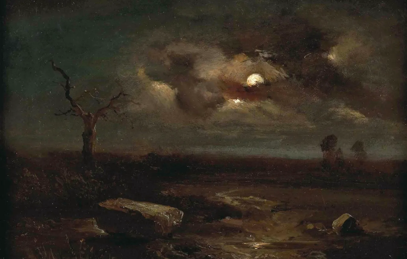 Photo wallpaper night, stones, tree, Landscape, Carl Gustav Carus, in the moonlight