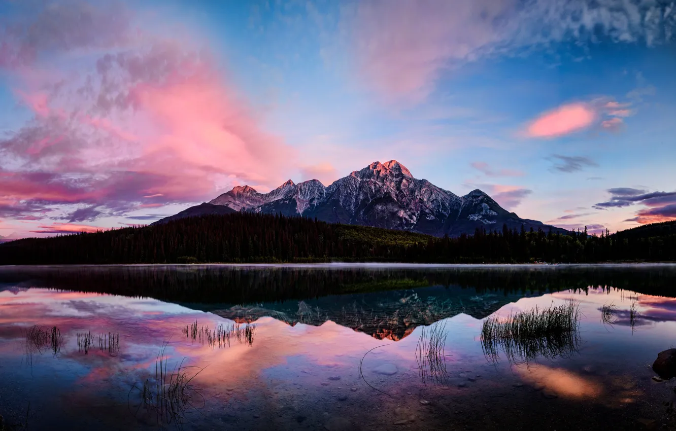 Photo wallpaper forest, clouds, sunset, mountains, reflection, shore, the evening, twilight