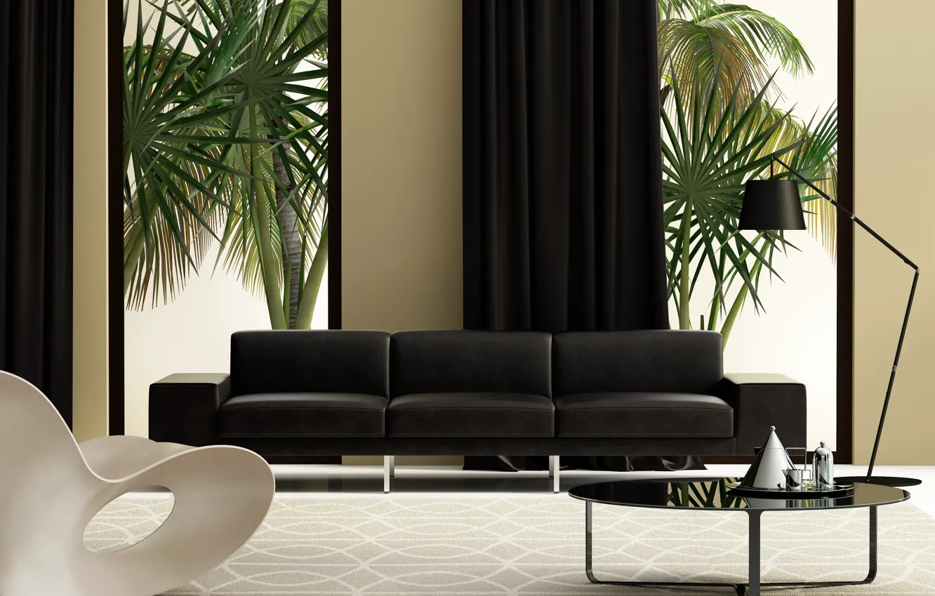 Photo wallpaper white, design, sofa, black, interior, chair, living room, modern