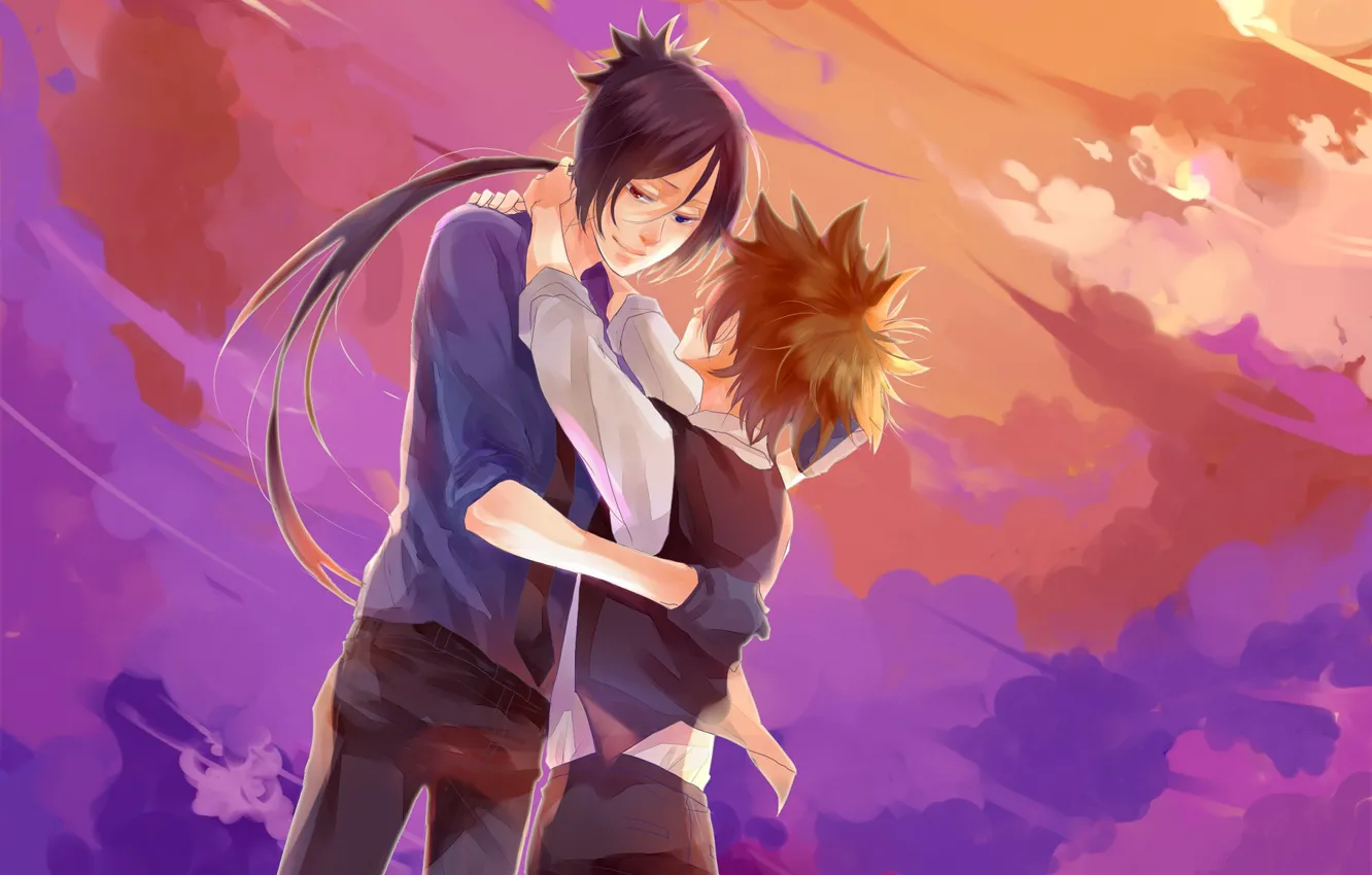 Photo wallpaper sunset, anime, guy, sawada tsunayoshi, Rokudou Mukuro, Katekyo Hitman REBORN!